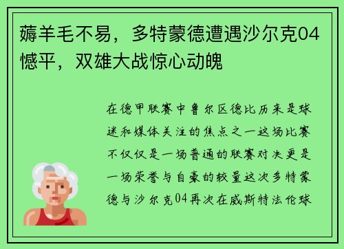 薅羊毛不易，多特蒙德遭遇沙尔克04憾平，双雄大战惊心动魄